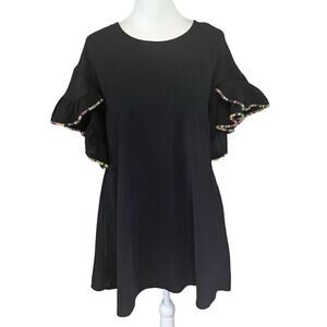 Very J Black Ruffle Sleeve Dress M Pom Pom Trim Shift Party Boho Fiesta Fun
